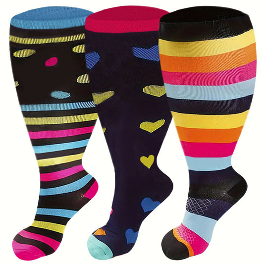 Plusock Plus Size Polka Dot Stripes Compression Socks(3 Pairs)