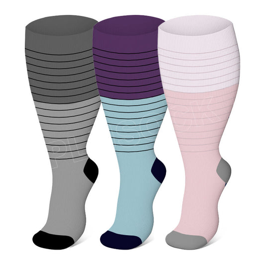 Plusock Plus Size Color Block Striped Compression Socks(3 Pairs)