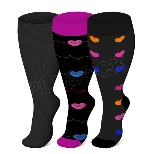 Plusock 2XL-7XL Black Electrocardiogram Heart Plus Size Compression Socks(3 Pairs)