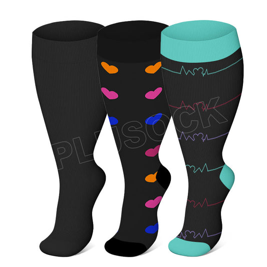 Plusock Blue Electrocardiogram Black Heart Plus Size Compression Socks(3 Pairs)