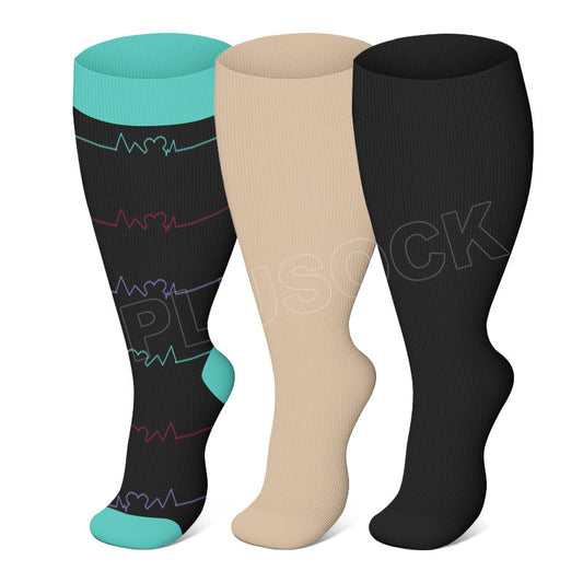Plusock Blue Electrocardiogram Solid Plus Size Compression Socks(3 Pairs)