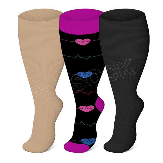 Plusock 2XL-7XL Purple Electrocardiogram Solid Plus Size Compression Socks(3 Pairs)