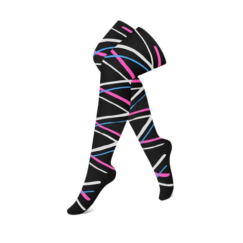 Plusock Black Pink Colorblock Thigh High Compression Socks(3 Pairs) - Stripe - S/M - image 6