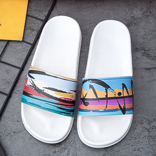 Plusock Plus Size Seaside Oil Painting Slides(2 Pairs)