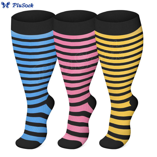 Plusock Plus Size Pink Blue Yellow Strieps Compression Socks