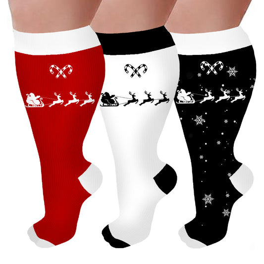 Plus Size Candy Cane Elk Compression Socks(3 Pairs) - Multicolor - 4XL - image 0