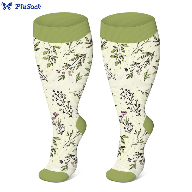 Plusock Plus Size Yellow Purple Flower Compression Socks - Light Green - 4XL - image 1