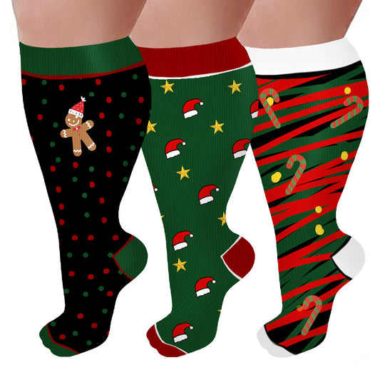 Plus Size Polka Dot Gingerbread Man Compression Socks(3 Pairs) - Multicolor - 4XL - image 0