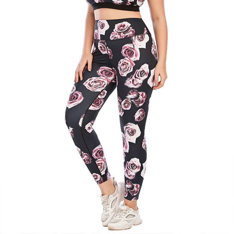 Plusock Plus Size Rose Print Fitness Yoga Sports Suit - Pants - 3XL - image 6