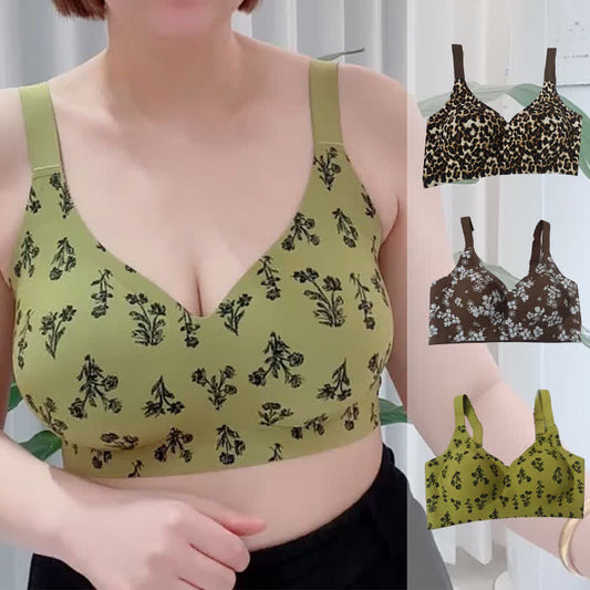 Plusock Plus Size Leopard Floral Print Push Up Wireless Bra