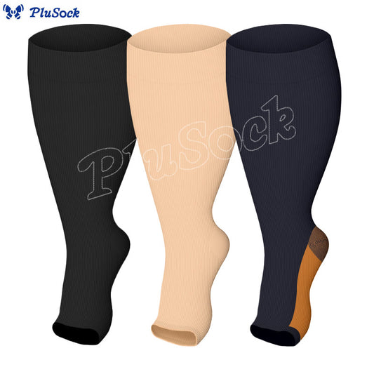 Plusock Plus Size Solid Color Open Toe Compression Socks(3 Pairs)