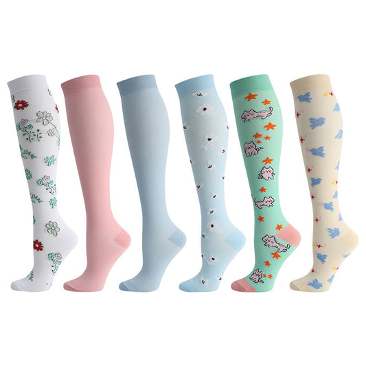 Plusock Cute Cat Bird Flowers Compression Socks(6 Pairs)