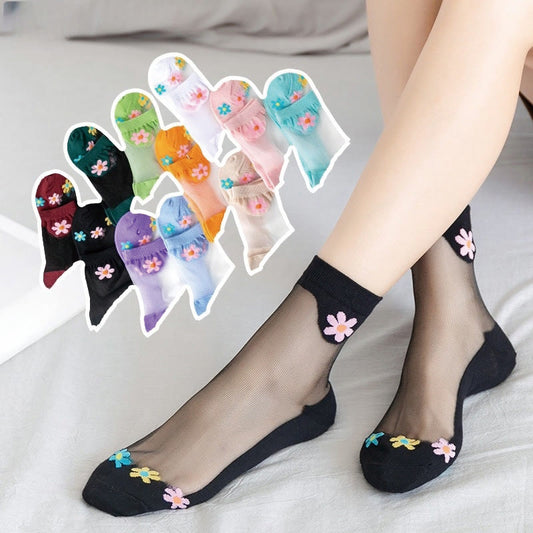 Flower Ice Silk Quarter Socks(9 Pairs)
