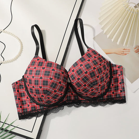 Plusock Plaid Heart Pattern Gathering Underwire Bra