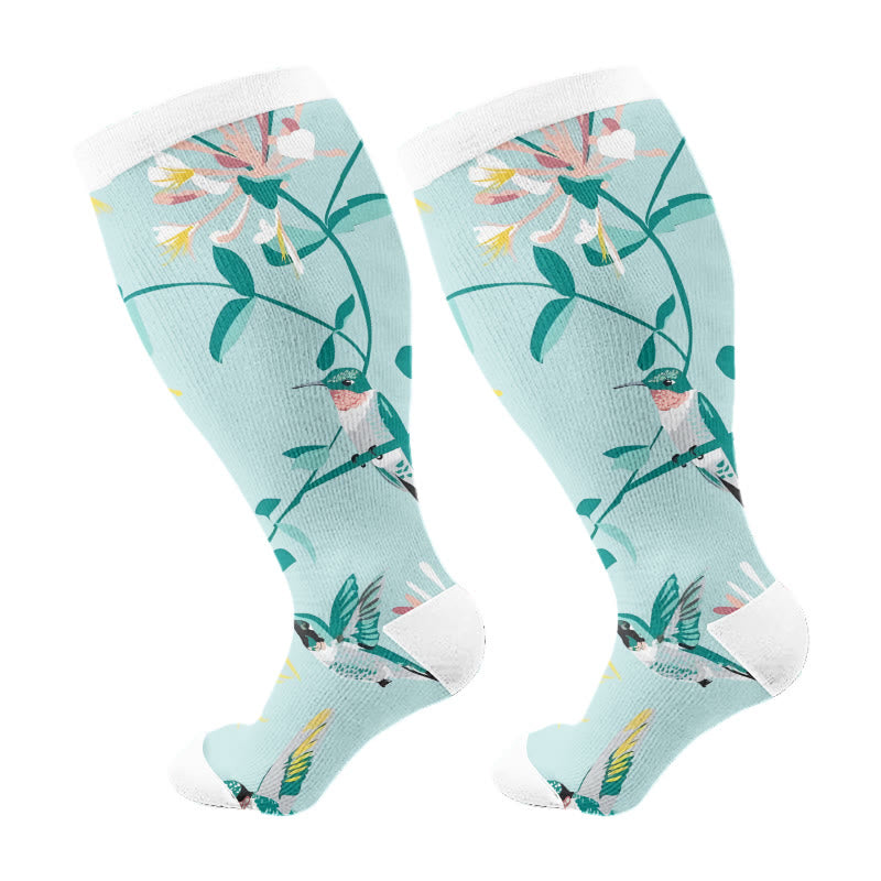 Plus Size Breezy Flower Bird Compression Socks(3 Pairs) - Green - 4XL - image 5