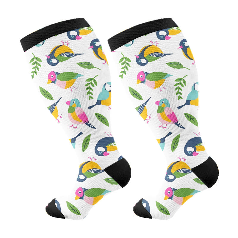 Plusock Plus Size Breezy Flower Bird Compression Socks - White - 4XL - image 6