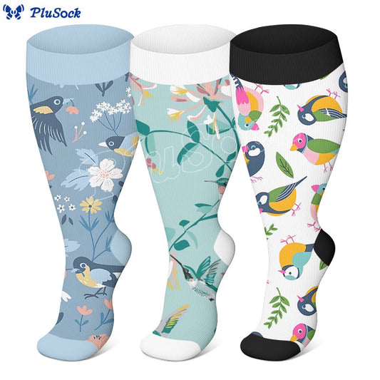 Plusock Plus Size Breezy Flower Bird Compression Socks - image 0