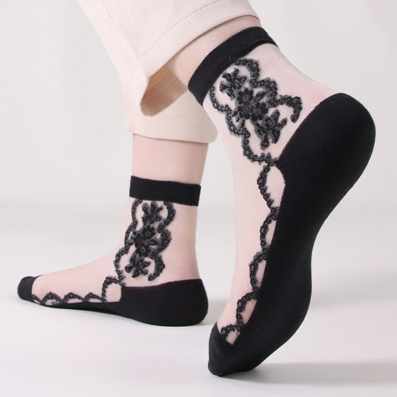 Plus Size Floral Sheer Cotton Ankle Socks(8 Pairs)