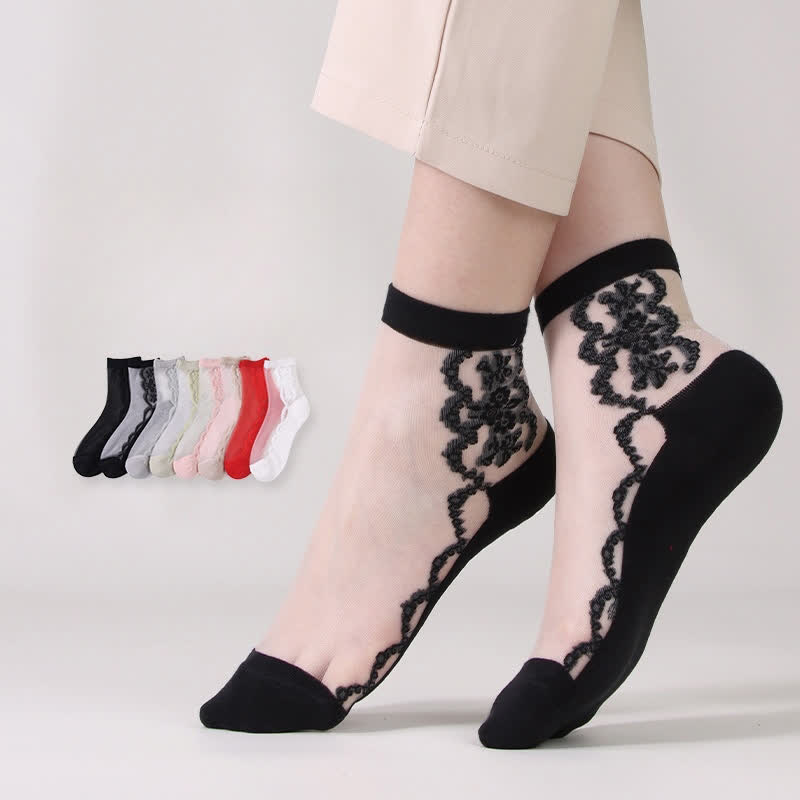 Plus Size Floral Sheer Cotton Ankle Socks(8 Pairs)