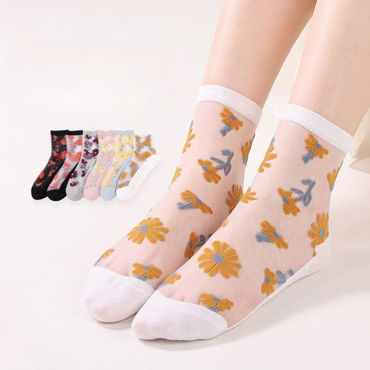 Plusock Ultra-thin Daisy Flower Sheer Ankle Socks(6 Pairs)