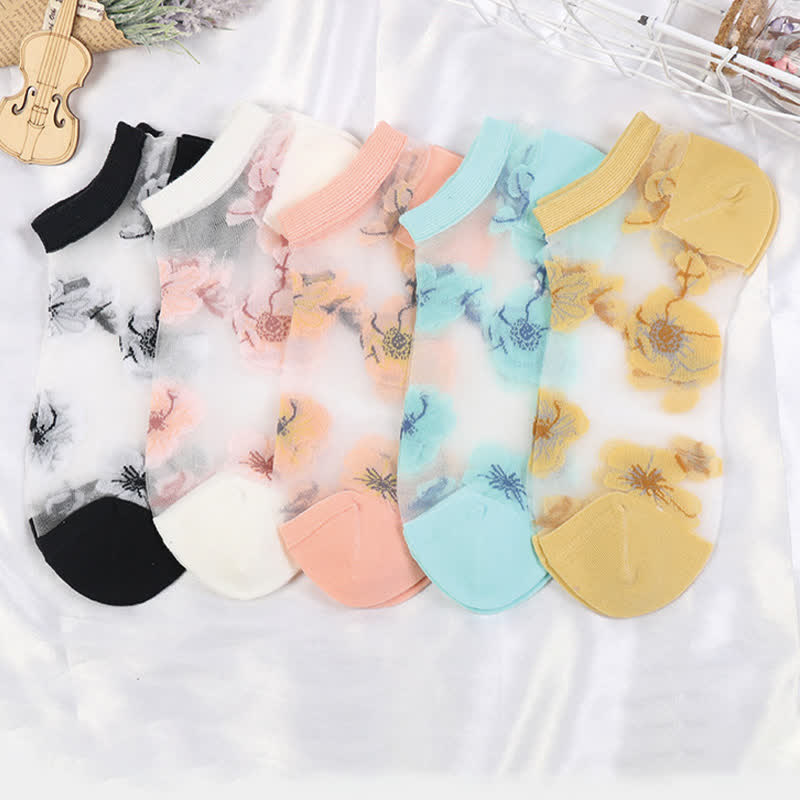 Lightweight Floral Breathable Sheer Ankle Socks(5 Pairs)
