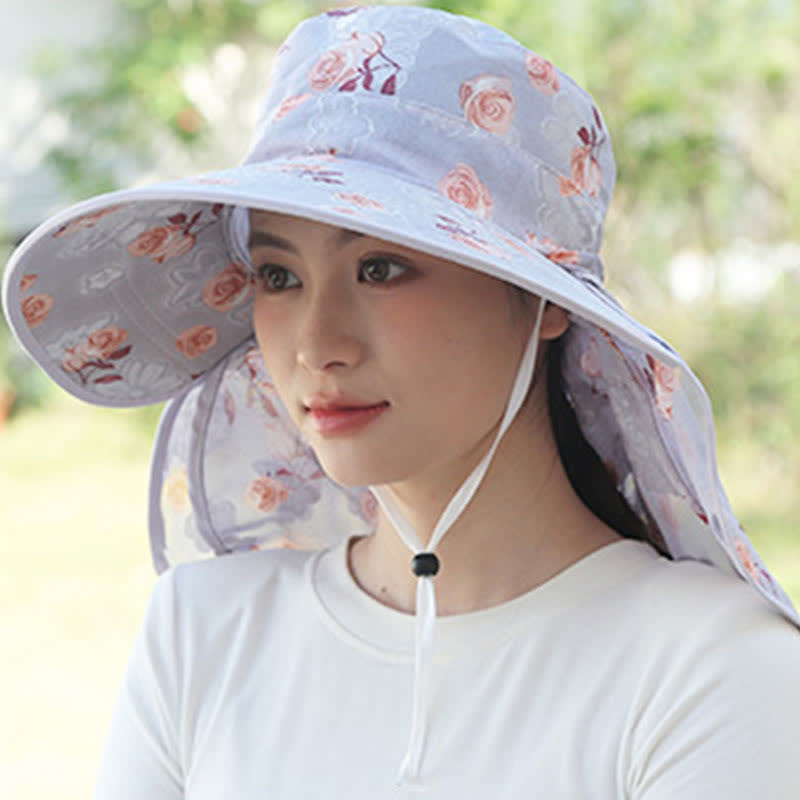 Rose Print Large Brim Shawl Mask Sun Hat