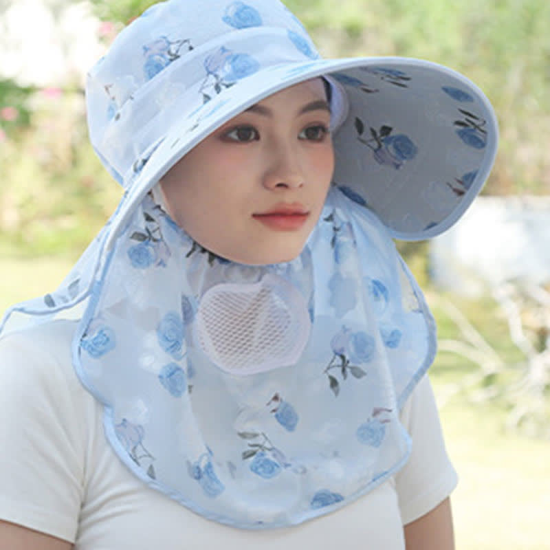 Rose Print Large Brim Shawl Mask Sun Hat