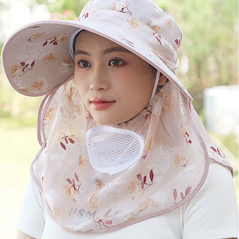 Rose Print Large Brim Shawl Mask Sun Hat