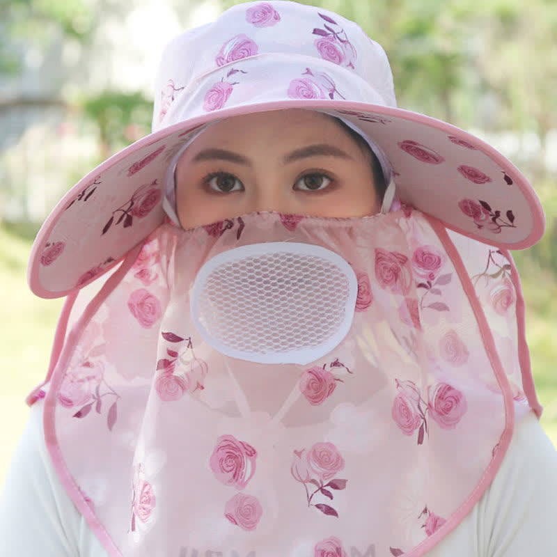 Rose Print Large Brim Shawl Mask Sun Hat