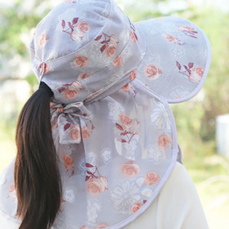 Rose Print Large Brim Shawl Mask Sun Hat