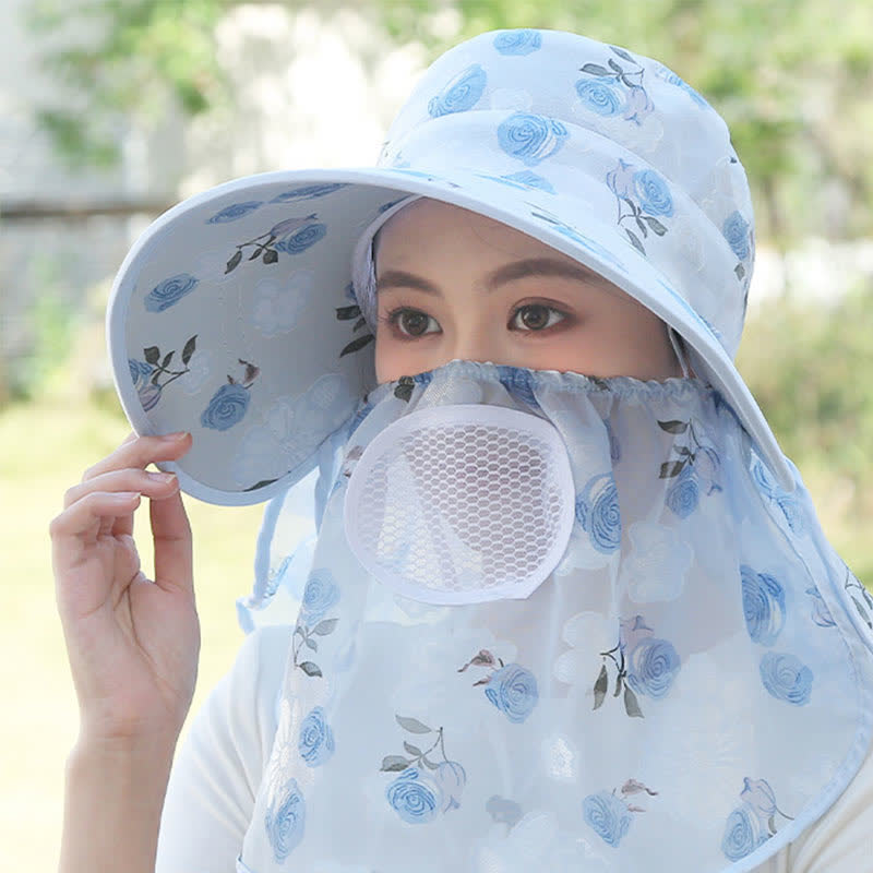 Rose Print Large Brim Shawl Mask Sun Hat