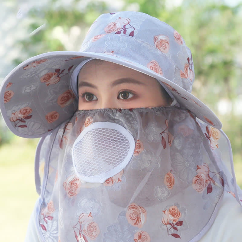 Rose Print Large Brim Shawl Mask Sun Hat