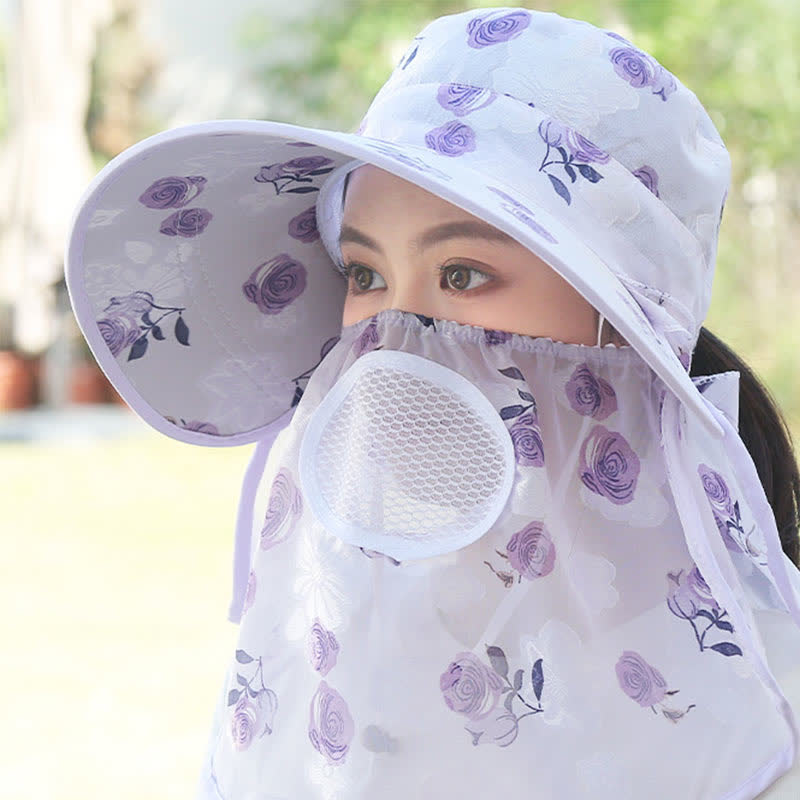 Rose Print Large Brim Shawl Mask Sun Hat