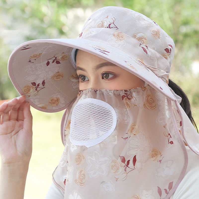 Rose Print Large Brim Shawl Mask Sun Hat
