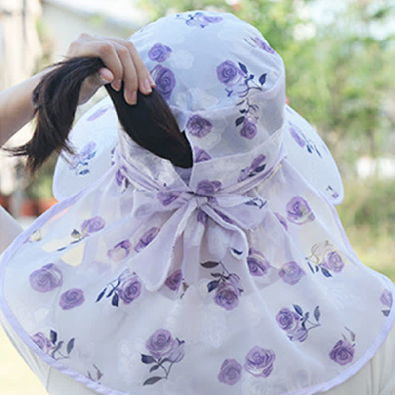 Rose Print Large Brim Shawl Mask Sun Hat