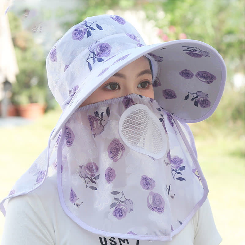 Rose Print Large Brim Shawl Mask Sun Hat
