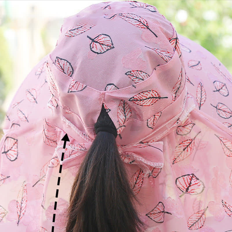 Leaf Print Large Brim Shawl Mask Sun Hat