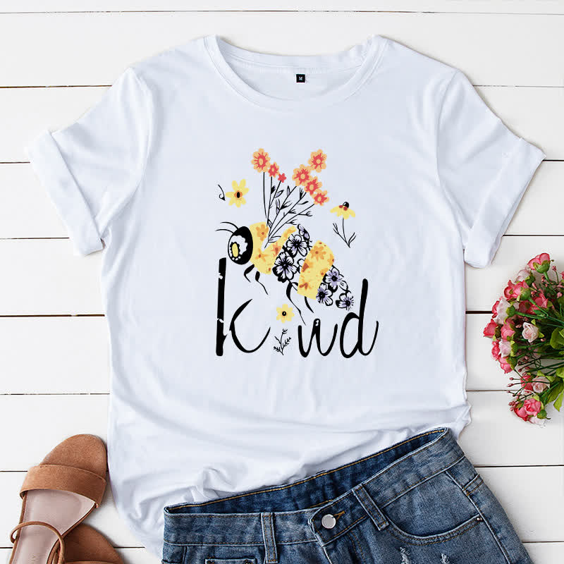 Plus Size Creative Bee Floral Print Short Sleeve T-Shirt