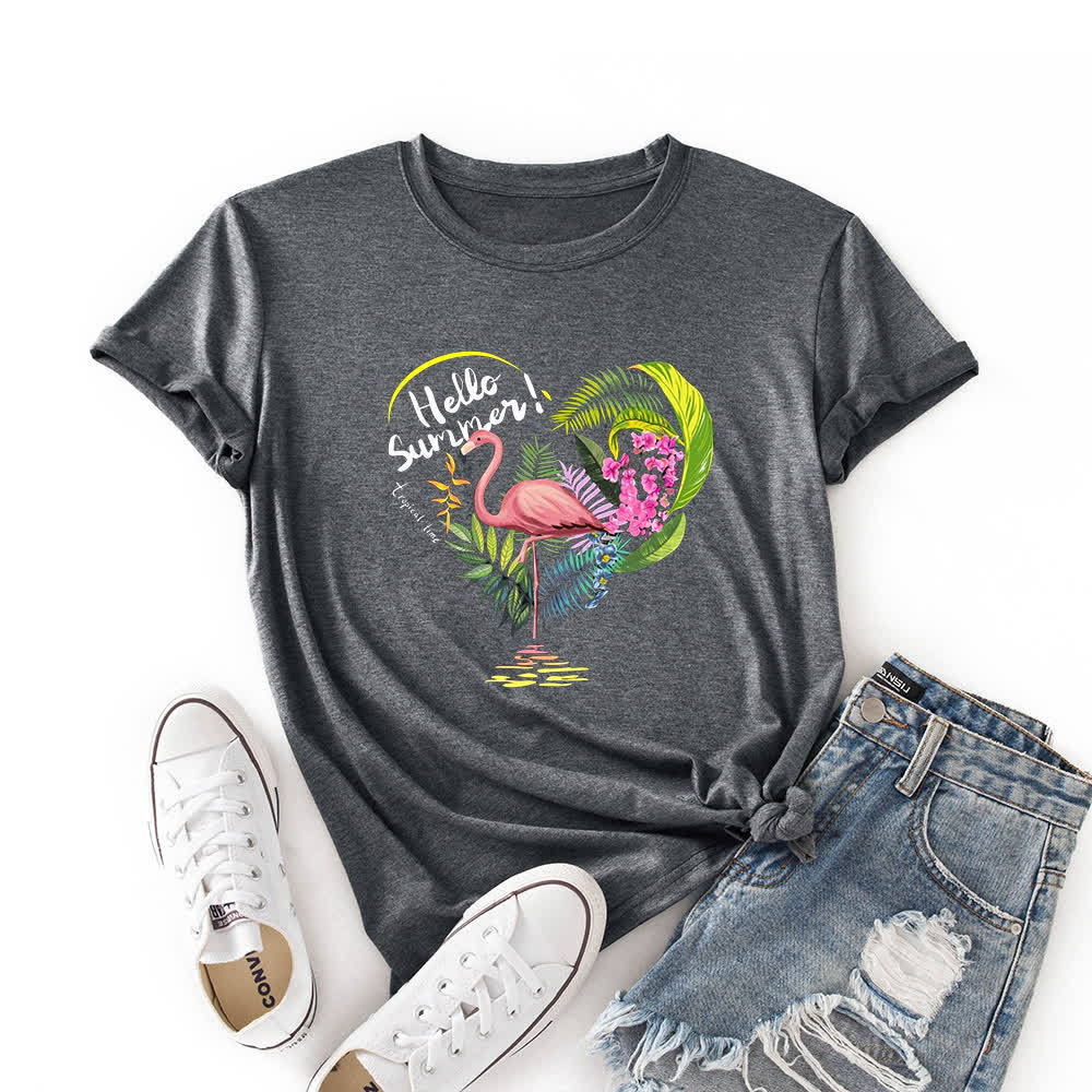 Plus Size Heart Flamingo Print Short Sleeve T-Shirt