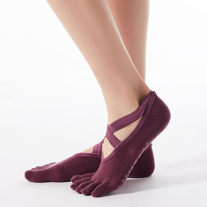 Plusock Cotton Non-Slip Cross Strap Five-Toe Floor Socks(4 Pairs)