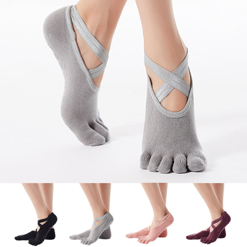 Plusock Cotton Non-Slip Cross Strap Five-Toe Floor Socks(4 Pairs)
