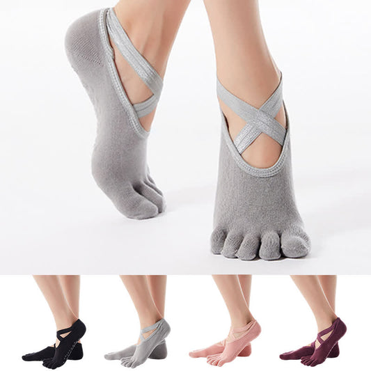 Plusock Cotton Non-Slip Cross Strap Five-Toe Floor Socks(4 Pairs)