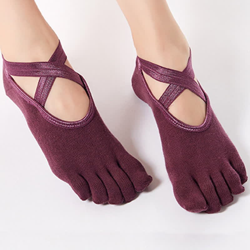 Plusock Cotton Non-Slip Cross Strap Five-Toe Floor Socks(4 Pairs)