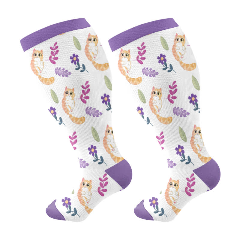 Plusock Plus Size Cat Flowers Compression Socks(3 Pairs)
