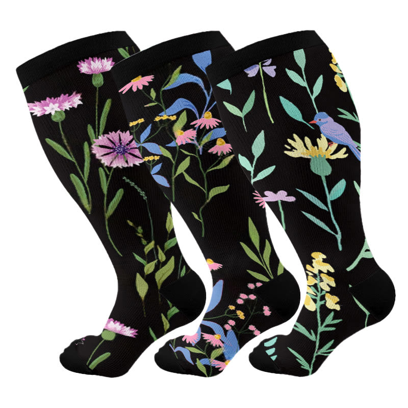 Plus Size Painted Flowers Compression Socks(3 Pairs)