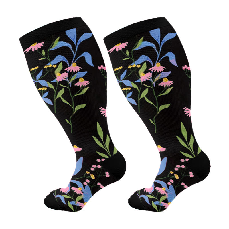 Plus Size Painted Flowers Compression Socks(3 Pairs)
