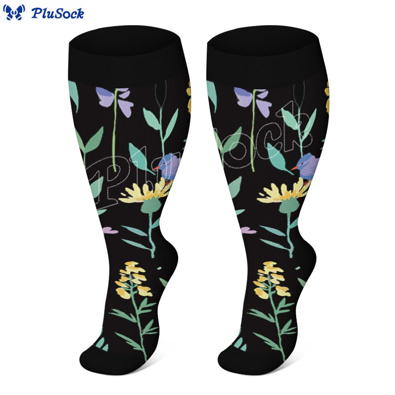 Plus Size Painted Flowers Compression Socks(3 Pairs)
