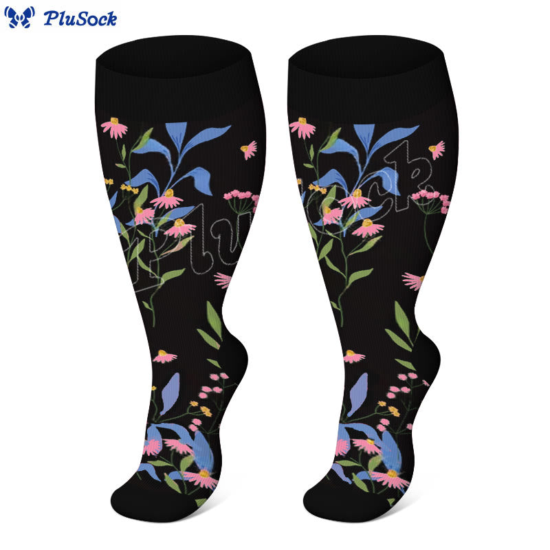 Plus Size Painted Flowers Compression Socks(3 Pairs)