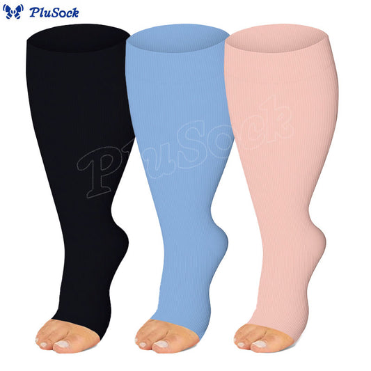 Plusock Plus Size Black Blue Pink Open Toe Compression Socks(3 Pairs)