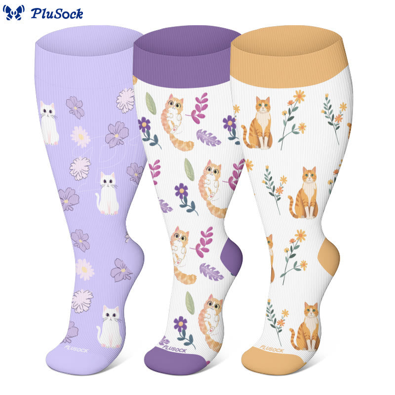 Plus Size Cat Flowers Compression Socks